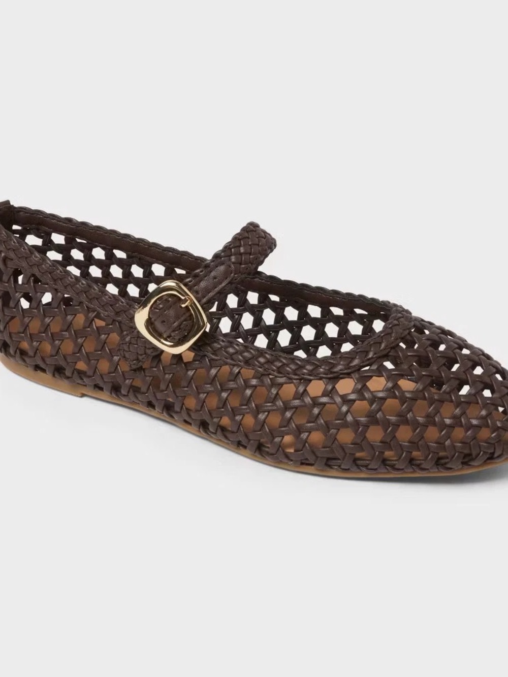 Woven Mary Jane Flats with Gold Buckle - Brown